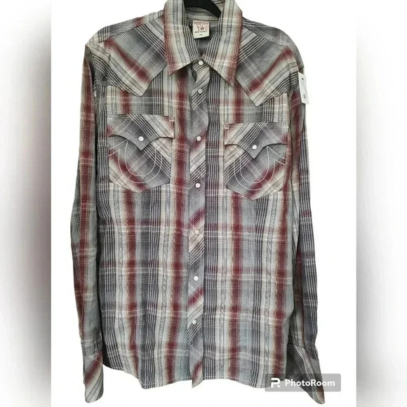 True Religion Long sleeve Pearl Snap Western Shirt Plaid Men's XXL Tan Red - Picture 1 of 3